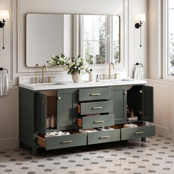 Cambridge 72 in. W x 22 in. D x 36 in. H Double Sink Bath Vanity in Vintage Green with Carrara White Quartz Top