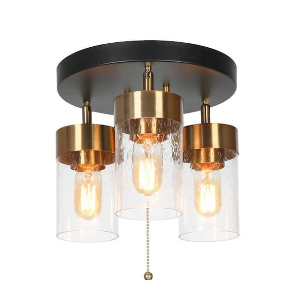 Zevni Modern 18.1 in. 3-Lights Black/Brass Semi-Flush Mount Light with Adjustable and Clear Seeded Glass Shades, Pull Chain