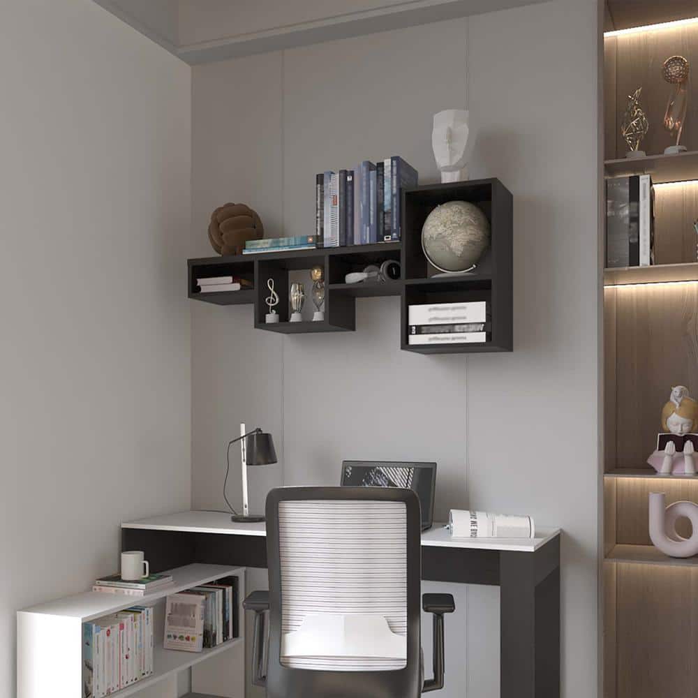 47.2 in. W x 9.9 in. D Black Floating Wall Storage Cabinets, Wood 5-Cube Fl