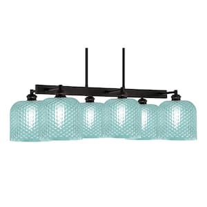 Albany 6 Light Espresso Downlight Chandelier, Linear Chandelier for the Kitchen with Turquoise Glass Shades