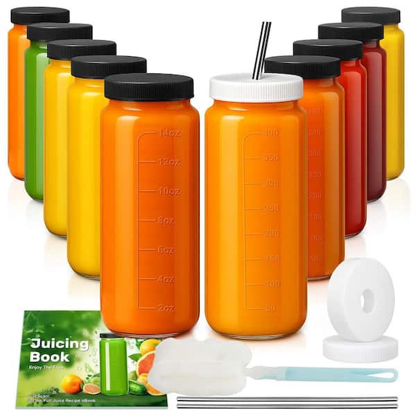 10-Pack 16 oz. Portable Glass Juice Bottles with Lids, Straws and Brush for Versatile Beverages Storage