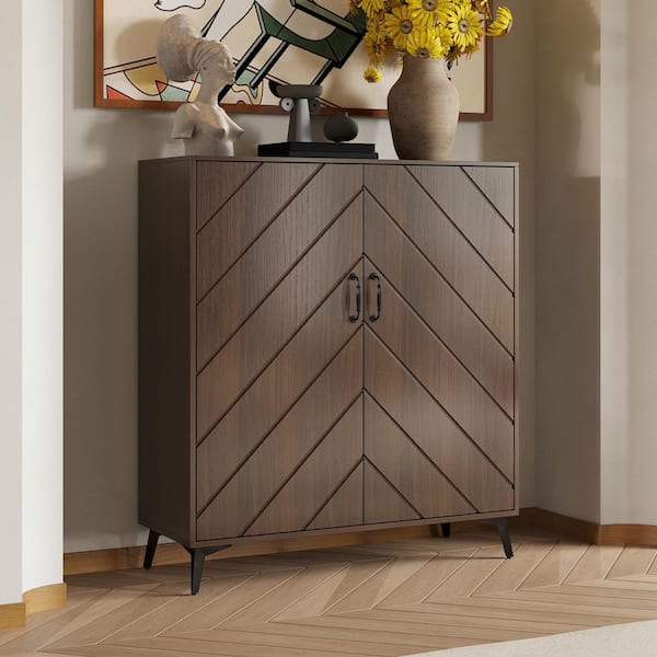 Dark Brown Wood Grain 36 in. Accent Storage Cabinet with 4 Shelves, Adjustable Shelves, Chevron Pattern Doors