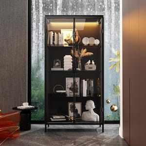 63 in. Tall Black Wood Standard Bookcase Bookshelf with Tempered Glass Doors, 3-Color LED Lights and Adjustable Shelves
