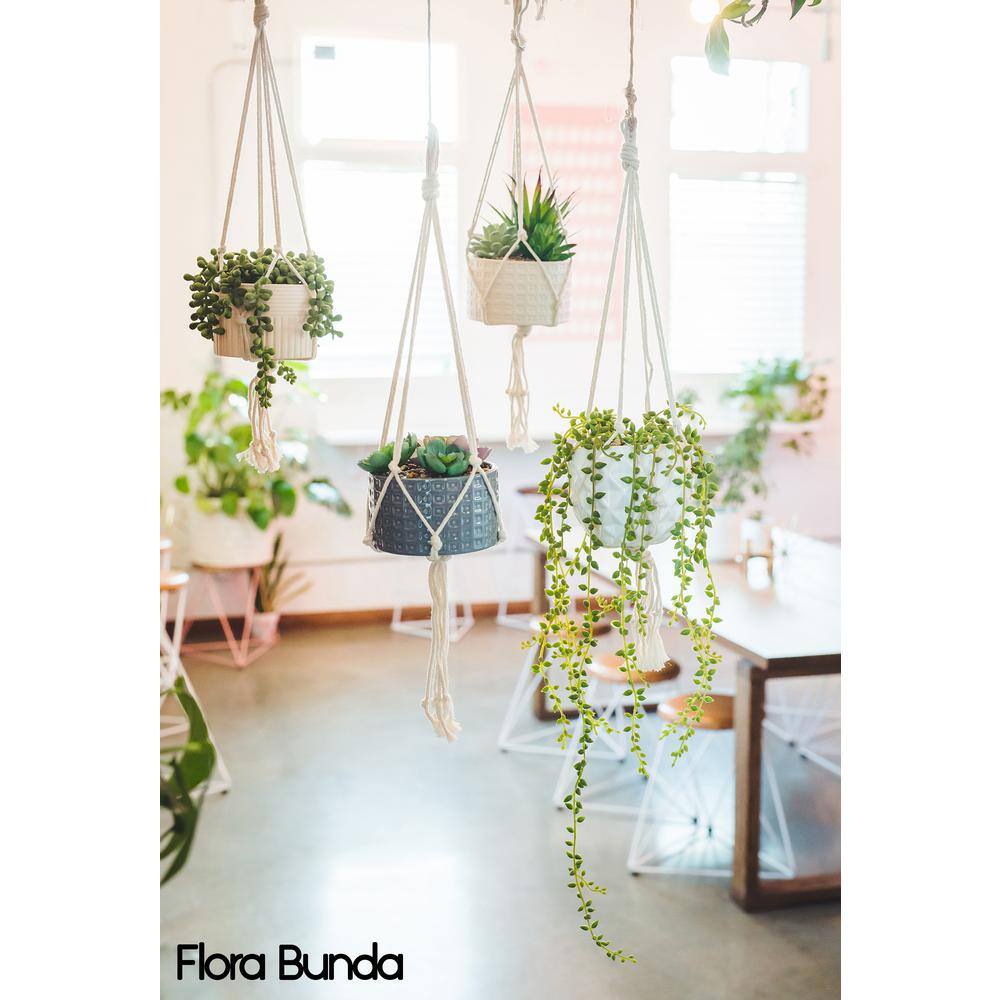 White Ceramic Macrame Hanging Planter with Faux Green Succulent