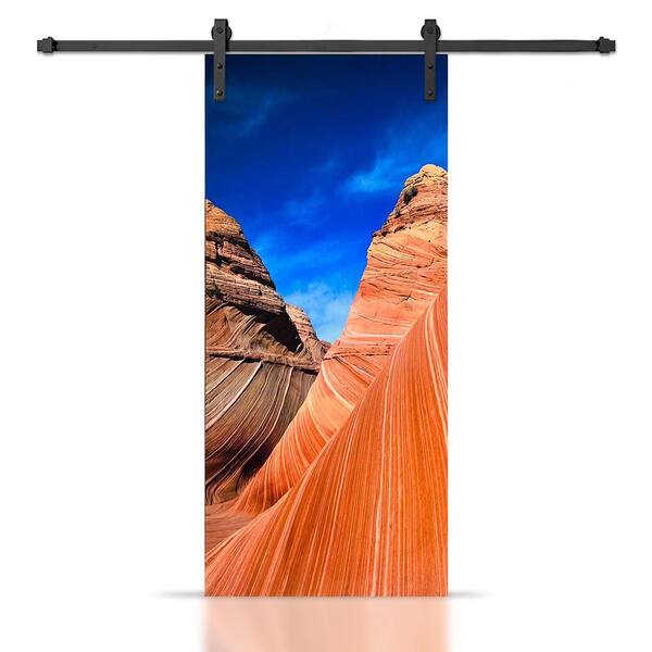CALHOME 18 in. x 80 in. Artisan Print Series The Wave 01 MDF Modern Interior Sliding Barn Door with Hardware Kit