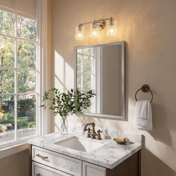 20 in. 3-Light Polished Nickel Bathroom Vanity Light with Clear Seedy Glass Shades, Dimmable Lighting Fixture