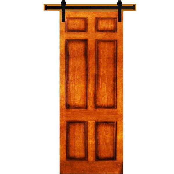 Steves & Sons 32 in. x 90 in. 6-Panel Stained Pine Interior Sliding Barn Door Slab with Hardware