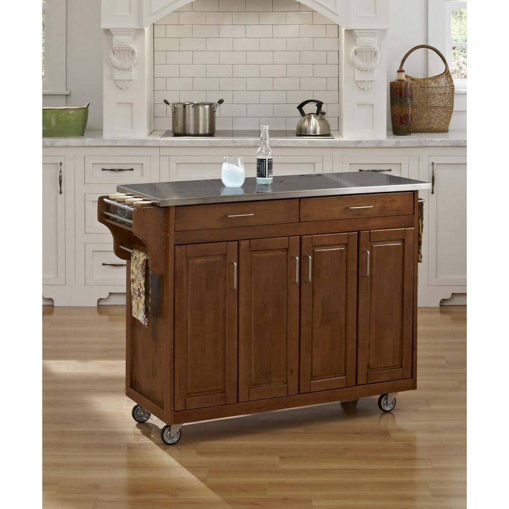 Stainless Steel Top Oak Kitchen Cart with Spice Rack