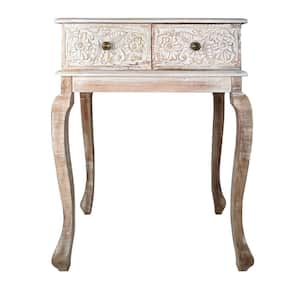 32 in. Brown and White Standard Rectangle Mango Wood Console Table with Floral Carved Front