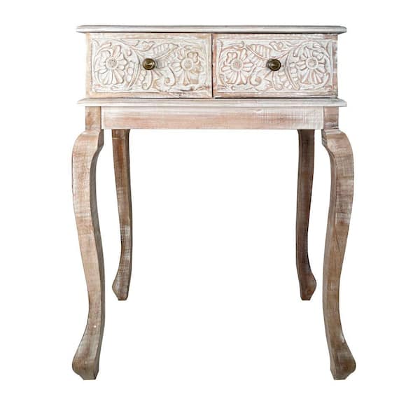 THE URBAN PORT 32 in. Brown and White Standard Rectangle Mango Wood Console Table with Floral Carved Front