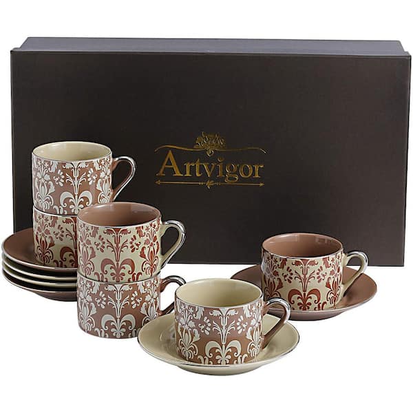 Artvigor Porcelain Tea Set for One, Tea Cup and Saucer Serving Set with Teapot Teacup and Saucer, Beautifully Satin Gift Boxed, Orange&Gray