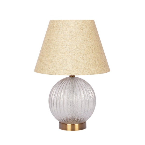 Jushua Serenity Round Ribbed Glass Lamp Base Clear Table Lamp Large Linen Shade, White