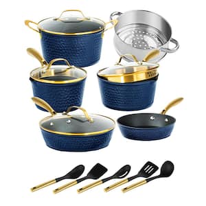 Charleston Collection 15-Piece Aluminum Hammered Nonstick Cookware Set with Utensils in Navy