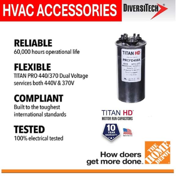 TITAN HD 45 Plus 5 MFD, 440-Volt/370-Volt Dual Voltage Round Run Capacitor