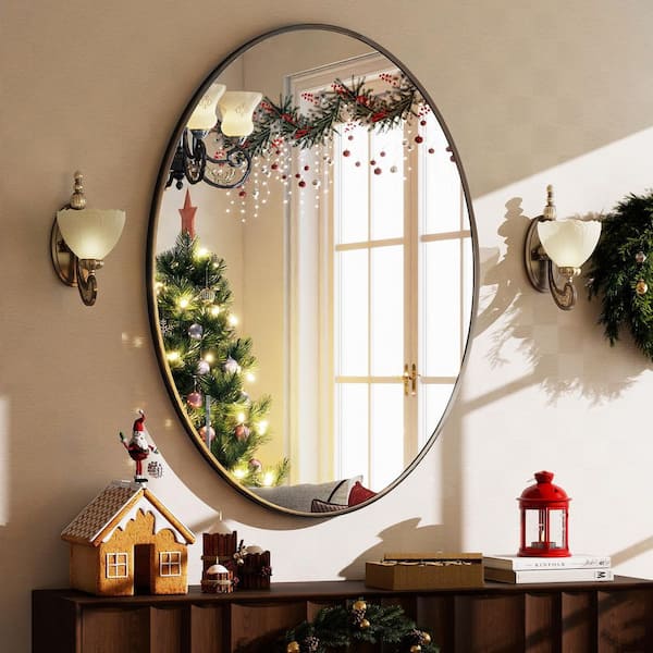 XRAMFY 24 in. x 36 in. Oval Black Classic Aluminum Alloy Framed Wall Mirror
