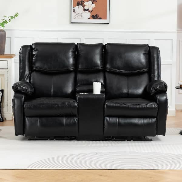 Home Theater 2-Seater Black Technical Leather Power Recliner Chair Reclining Loveseat with Console, Heat and Massage