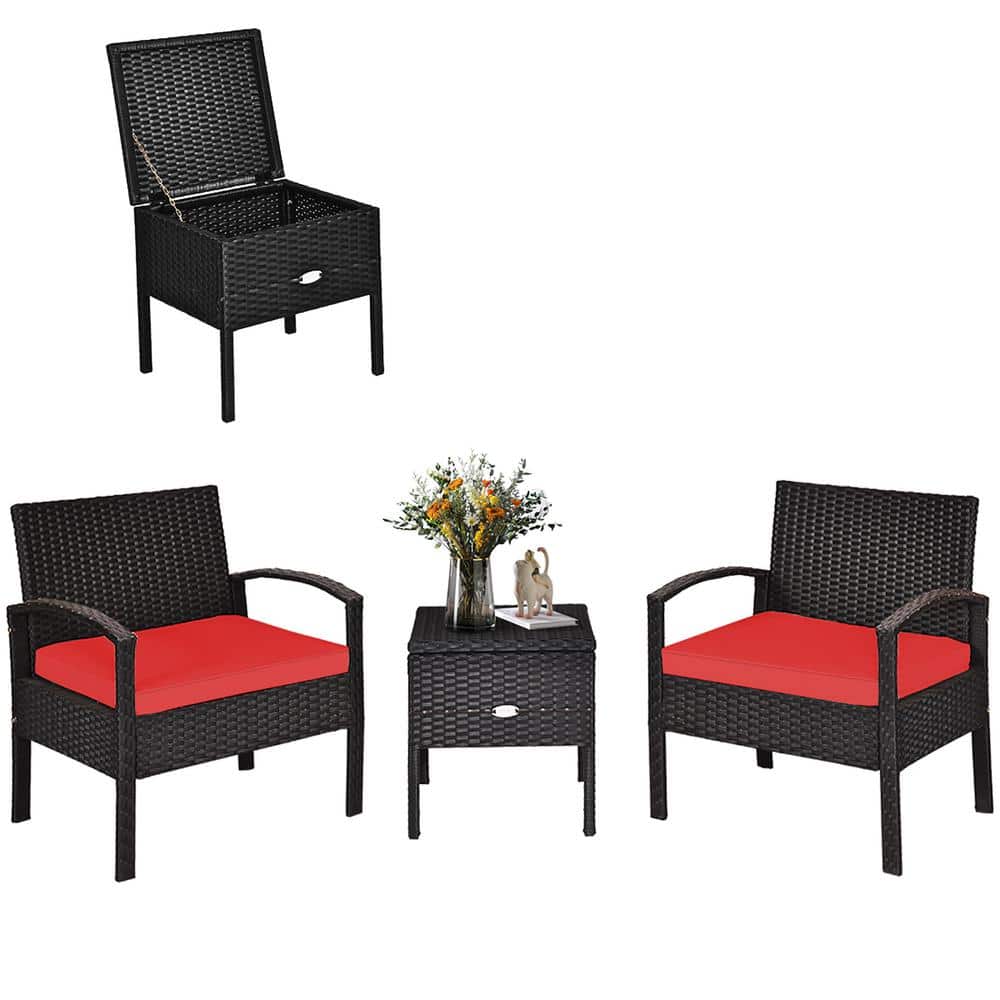 Red Cushioned Black Rattan 2-Person Patio Conversation Set