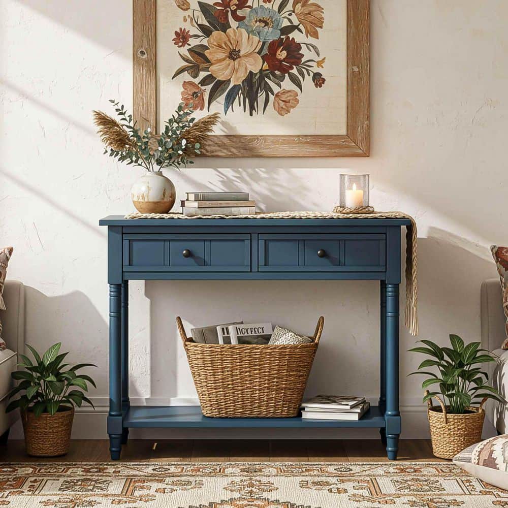 Polibi 35.50 in. Dark Navy Rectangle Solid Wood Console Table with