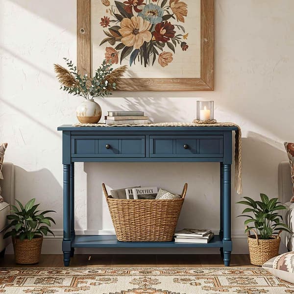 Polibi 35.50 in. Dark Navy Rectangle Solid Wood Console Table with