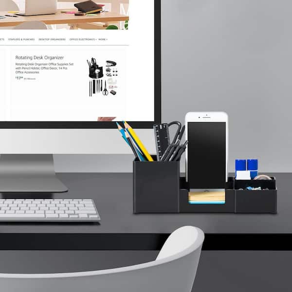 Plastic Desk Organizer with Pencil Holder and Sticky Note Tray, Office Stationery Supplies Organizer for Desktop