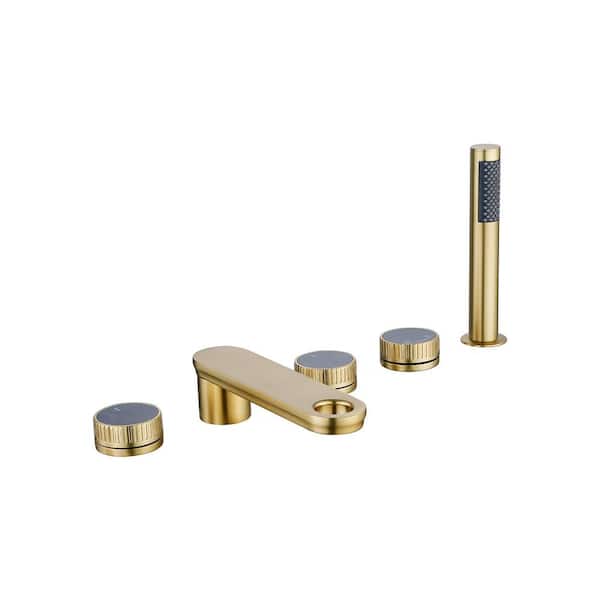 Modern 3-Handle Deck Mount Roman Tub Faucet with Hand Shower in Brushed Gold