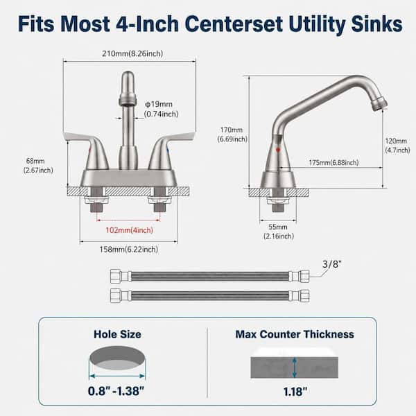 2-Piece Sink Faucet with Supply Lines, Brushed Nickel Stainless Steel Dual Handle Water Saving Laundry Bar Faucet