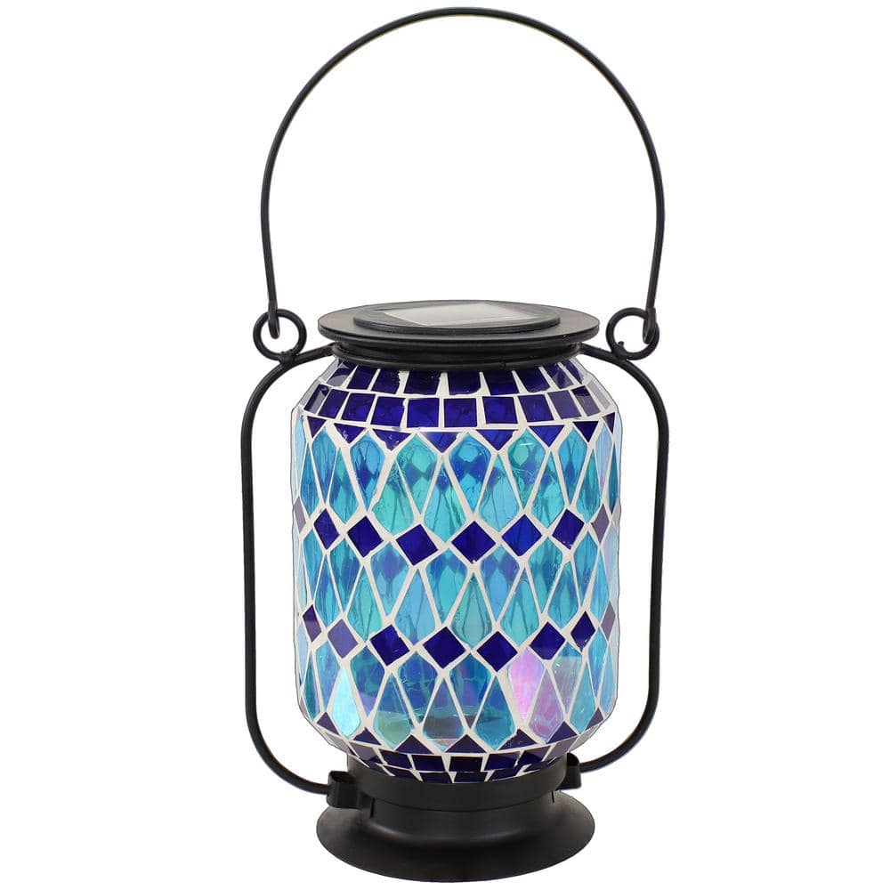 Cool Blue Mosaic Glass Solar LED Outdoor Lantern with Metal Frame