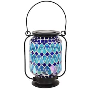 Sunnydaze 8.50 in. Cool Blue Mosaic Glass Solar LED Lantern
