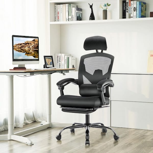 WONDER COMFORT Ergonomic High-Back Mesh Reclining Home Office Desk Chair with Footrest & Lumbar Support in Black with Comfy Arms
