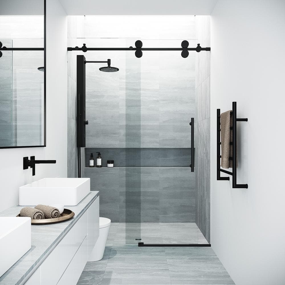 Elan 64 to 68 in. W x 74 in. H Frameless Sliding Shower Door in Matte Black with 3/8 in. (10 mm) Clear Glass price history on PriceWatchPro