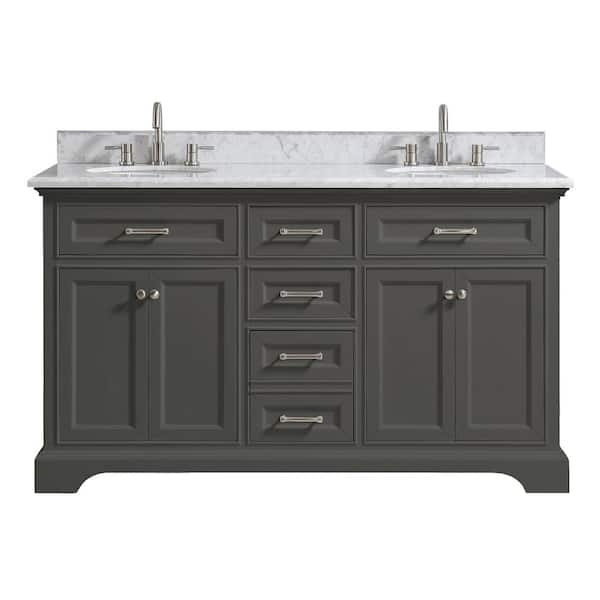Windlowe 61 in. Double Sink Gray Bath Vanity with White Carrara Marble Top (Assembled)