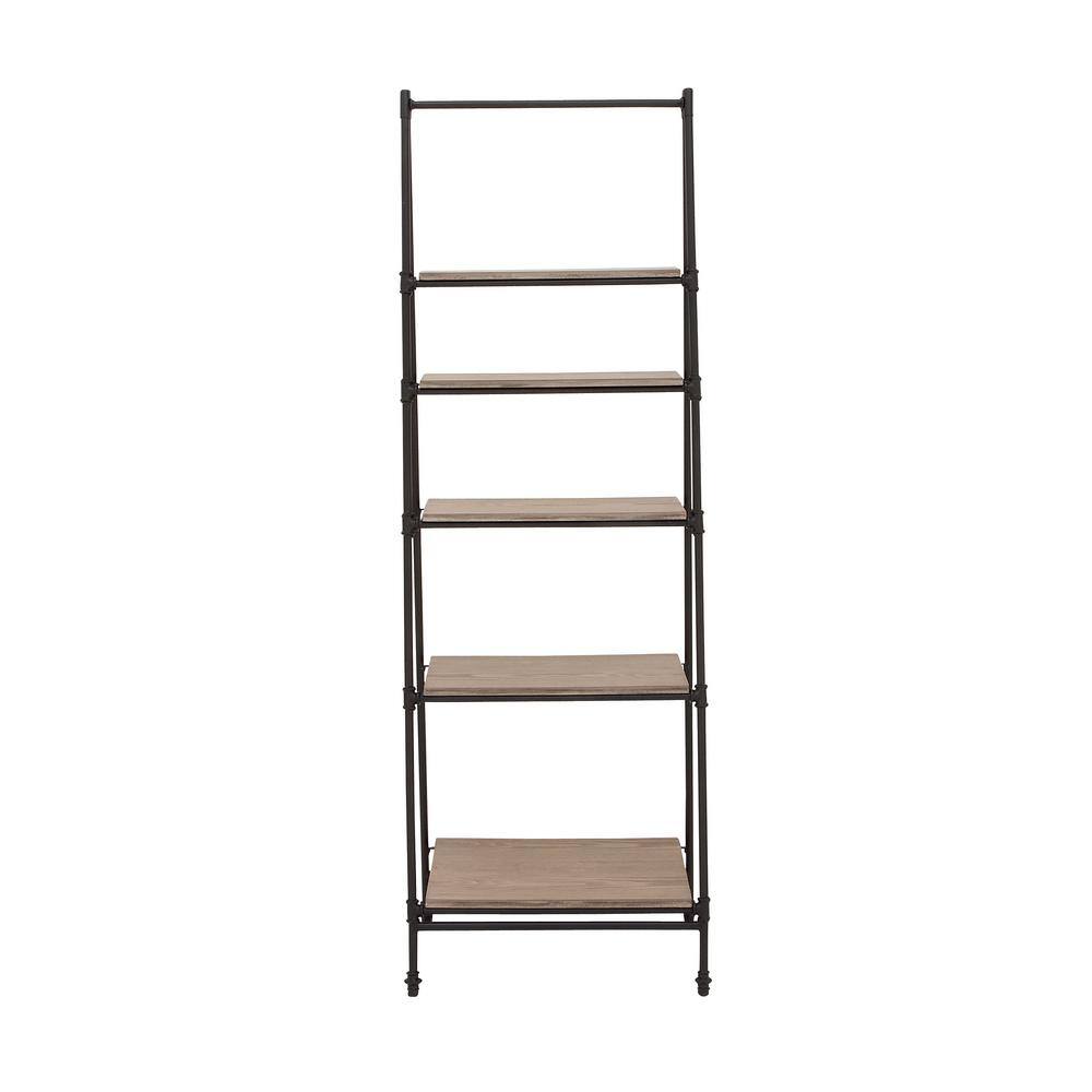 72" Black Metal and Pine Wood 5-Tier Ladder Shelf