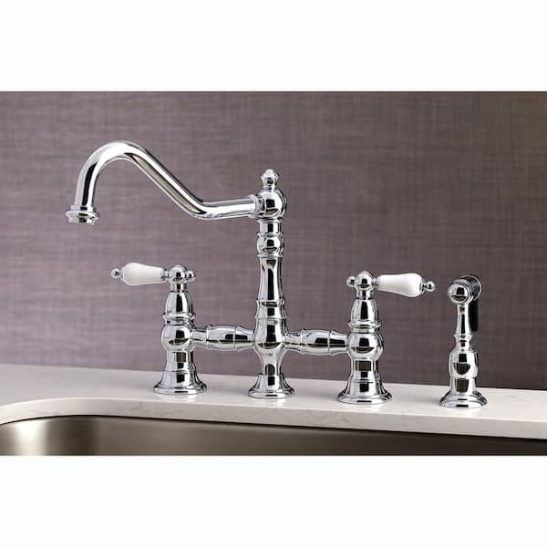 Restoration 2-Handle Bridge Kitchen Faucet with Side Sprayer in Polished Chrome