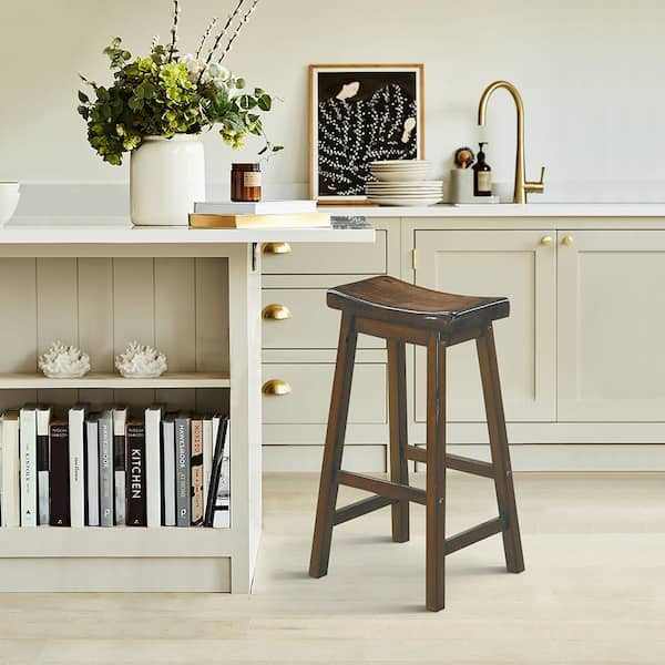 Nisky 28 in. Cherry Finish Solid Wood Dining Stool with Wood Seat (Set of 2)