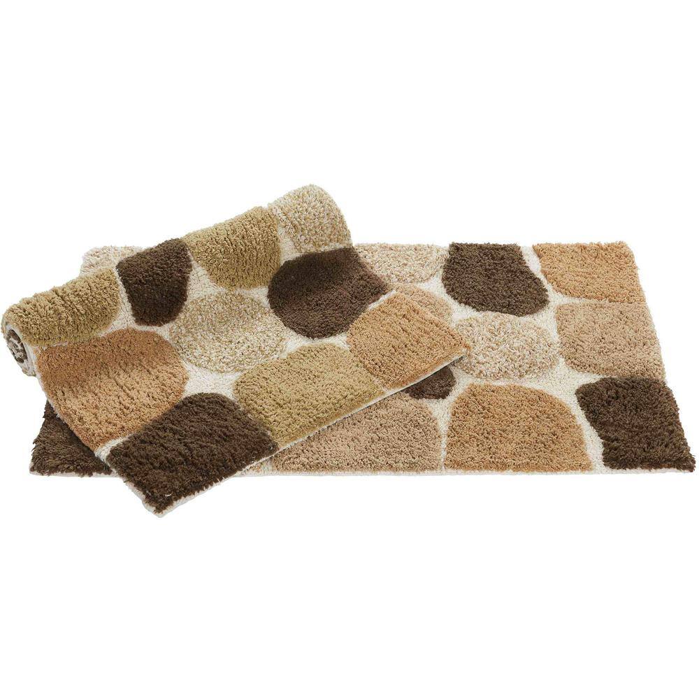 Pebble Pattern Beige and Brown Cotton Bath Rug Set