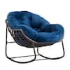 Navy blue wicker rocking chair with black metal frame on white background.