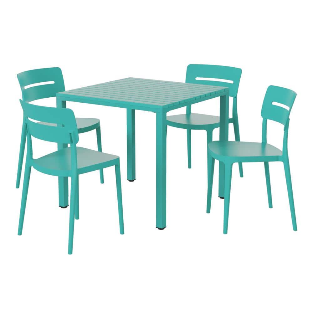 Frond&Form Outdoor Patio Modern 5-Piece Dining Set w/ Square Metal Frame Table and Stackable Plastic Chairs, Turquoise price history on PriceWatchPro