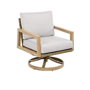 Posh Frame 1-Piece Wood-Grain Aluminum Outdoor Conversation Swivel Chair with Rattan Chair Back and Light Gray Cushions