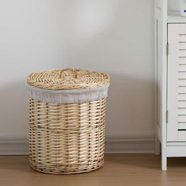 Small Round Willow Wicker Laundry Basket with Lid Side Handles and Removable Fabric Liner Decorative Storage Hamper