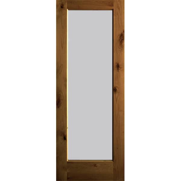 Krosswood Doors 30 in. x 96 in. Rustic Knotty Alder Provincial Stained Right-Hand Full-Lite Satin Etch Wood Single Prehung Front Door
