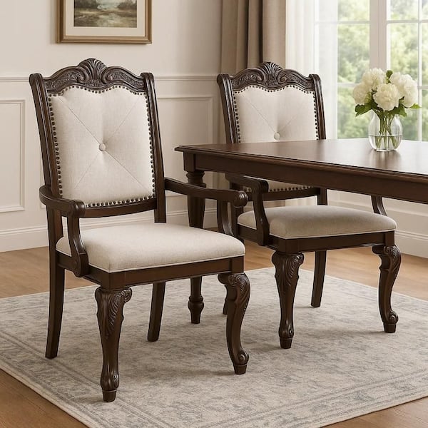 Cary Beige and Coffee Brown Fabric Dining Side Chair Set of 2