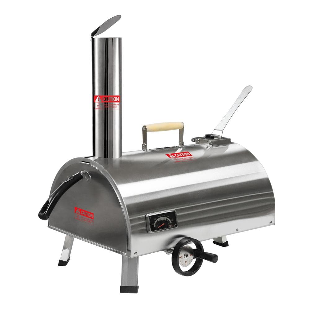 FIROMO 12in Portable Silver Wood-Fired Outdoor Pizza Oven, Includes a Baking Tray, Grill, and Various Accessories.