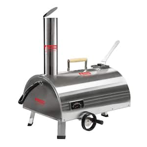 12in Portable Silver Wood-Fired Outdoor Pizza Oven, Includes a Baking Tray, Grill, and Various Accessories.