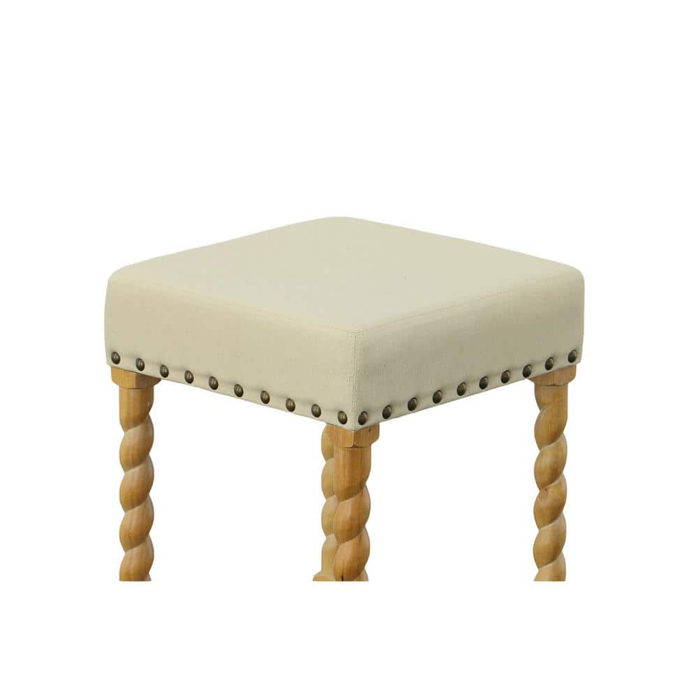 Remick Natural Oak & Linen 30" Rustic Bar Stool with Brass Nailhead Trim