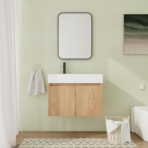 30 in. Wall-Mounted Single Oak Bath Vanity with White Resin Top Unassembled