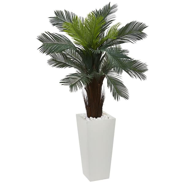 Nearly Natural 4.5 in. Cycas Artificial Plant in White Tower Planter