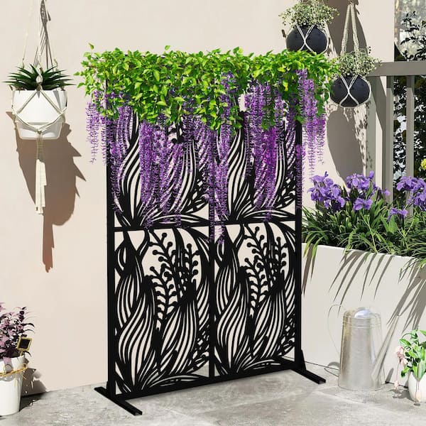 Seafuloy 72 in. Black Iron Privacy Screen, Freestanding Leaf Shape for Patio Balcony Garden Room Divider Indoor Outdoor