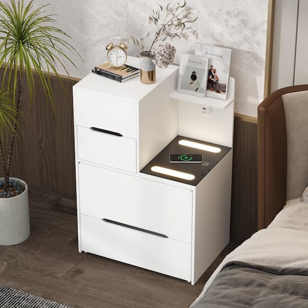 FUFU&GAGA 2-Drawer White Nightstands with Flip-Top Mirror, Wireless Charging Table and USB, Socket Ports, 23.3 in. W x 15.6 in. D