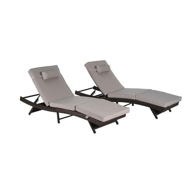 Unbranded Wicker Sunbathing Outdoor Lounge Chair with Light Gray Cushions (2-Pack)