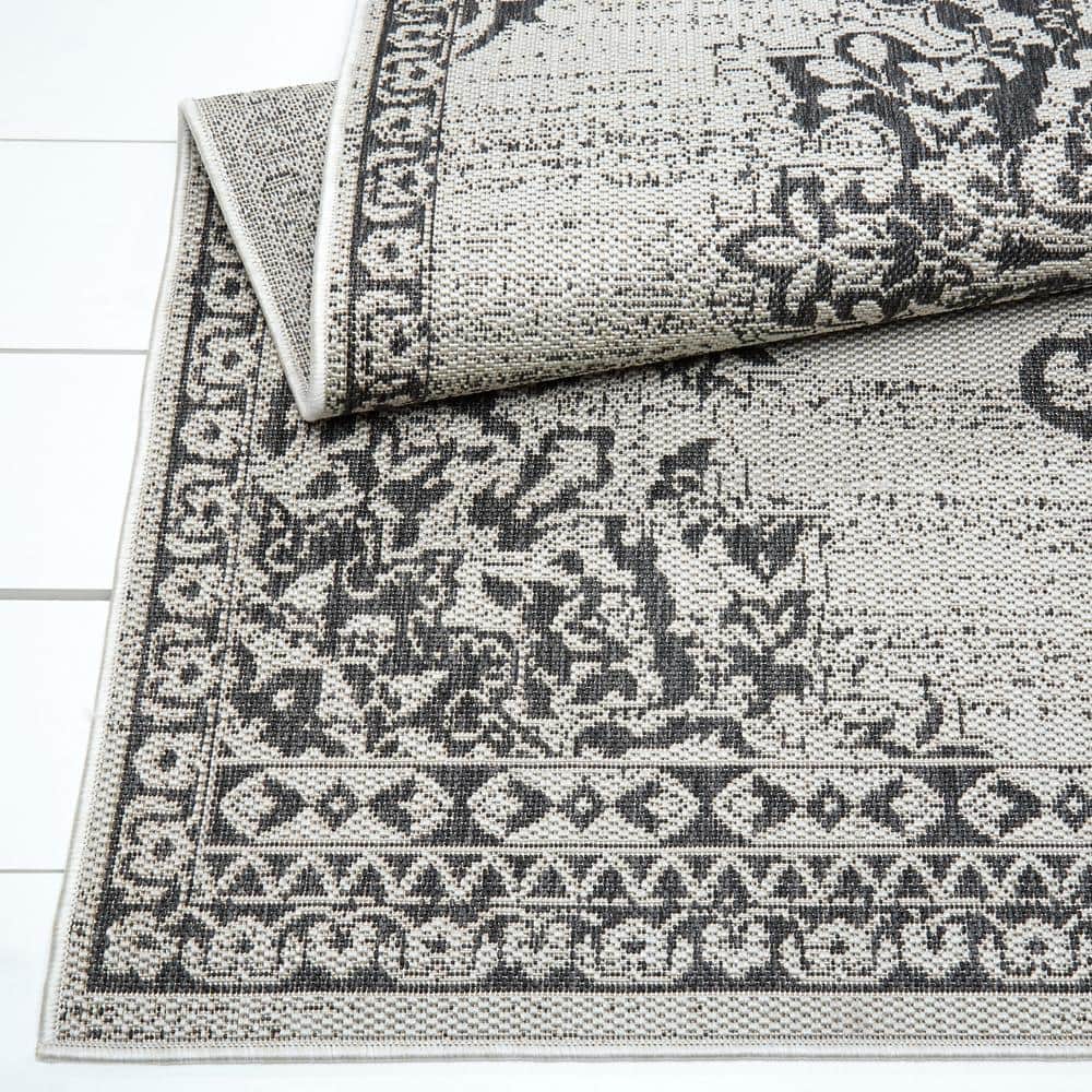 Gray and Black Medallion Synthetic Indoor/Outdoor Area Rug
